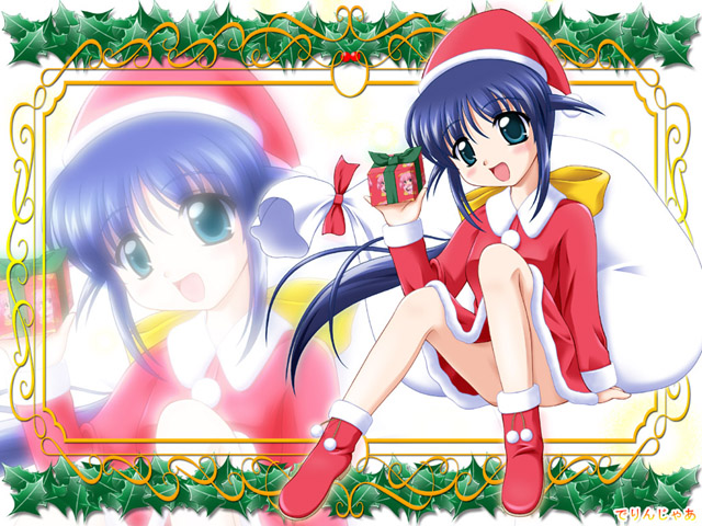 andou mahoro, mahoromatic, blue hair, christmas, green eyes