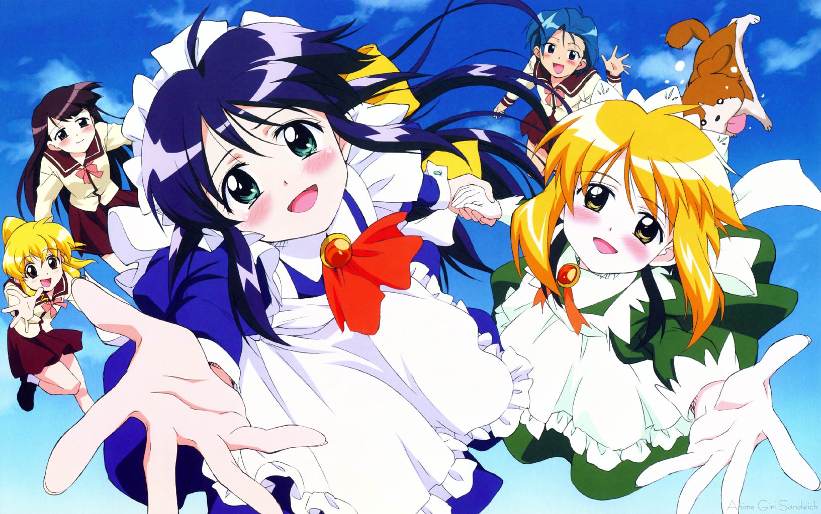 andou mahoro, andou minawa, ooe chizuko, sakura miyuki, todoriki rin, mahoromatic, highres, blonde hair, blue eyes, blue hair, blush, brown eyes, brown hair, green eyes, maid, school uniform, serafuku, yellow eyes