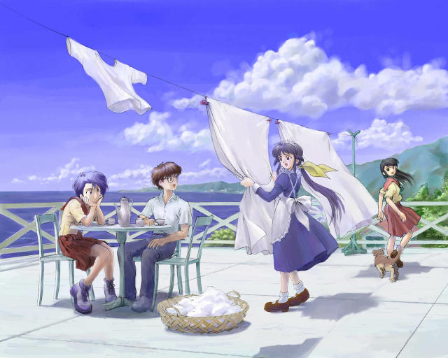 andou mahoro, misato suguru, sakura miyuki, todoriki rin, mahoromatic, black hair, blue hair, brown hair, glasses, maid, school uniform, serafuku