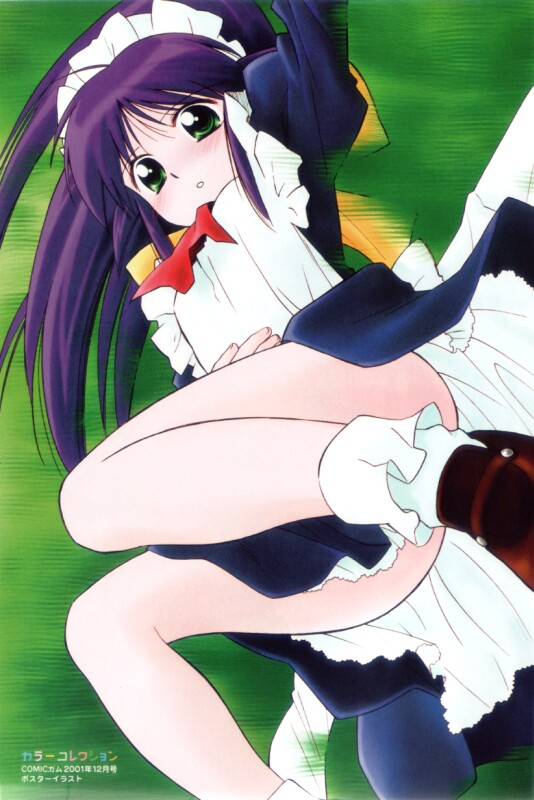 andou mahoro, mahoromatic, 1girl, arms up, black dress, blue hair, bobby socks, bow, bowtie, dress, female focus, frills, green eyes, long hair, looking at viewer, maid, maid headdress, purple hair, red bow, red bowtie, socks, solo, very long hair