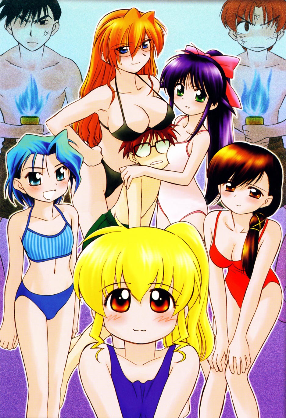 andou mahoro, hamaguchi toshiya, kawahara kiyomi, misato suguru, ooe chizuko, sakura miyuki, shikijou saori, todoriki rin, mahoromatic, highres, black hair, blonde hair, blue eyes, blue hair, brown eyes, brown hair, glasses, green eyes, swimsuit