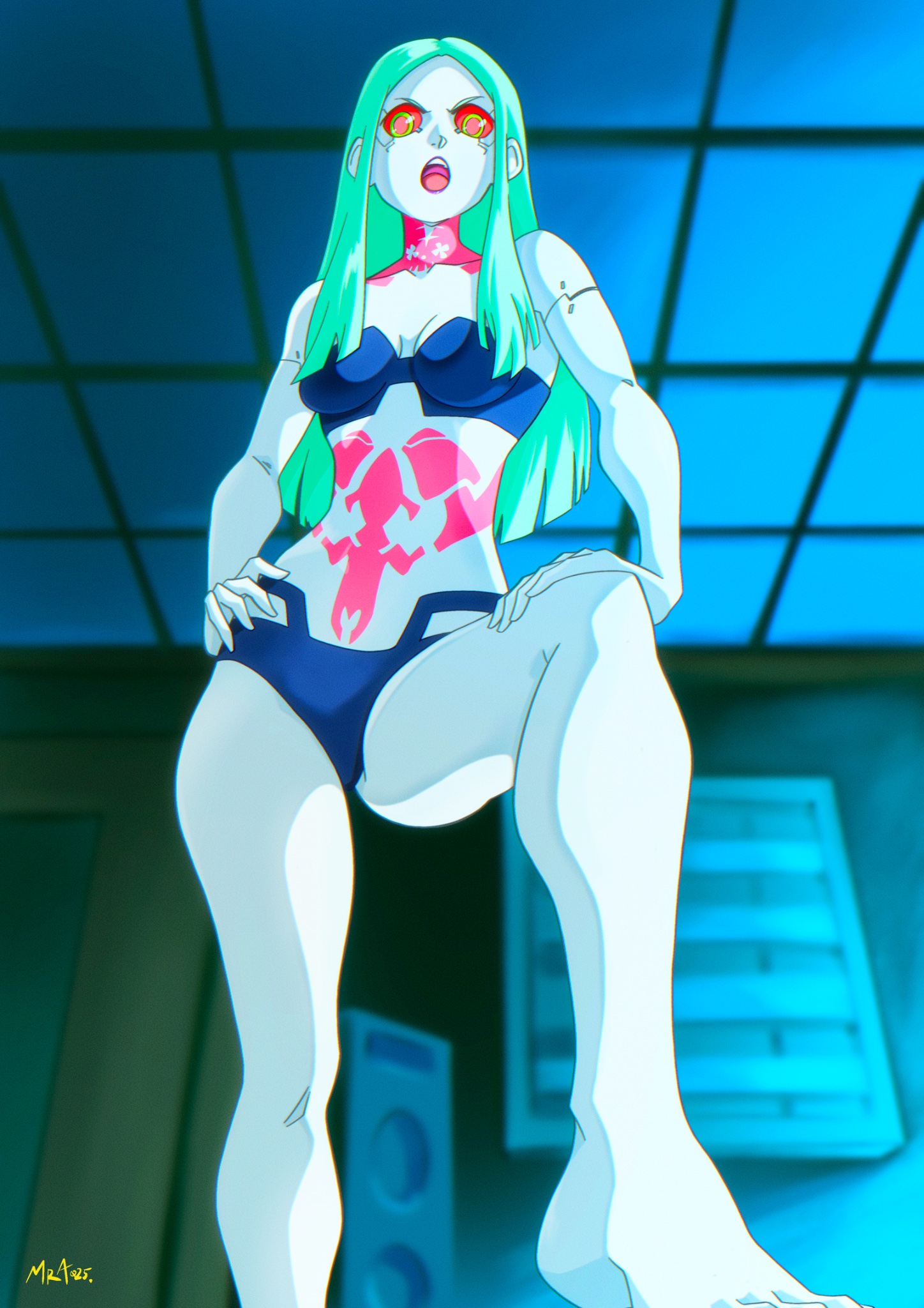 mra-artworks, rebecca (cyberpunk), cyberpunk: edgerunners, cyberpunk (series), highres, 1girl, :o, armpits, barefoot, black bra, black panties, blue skin, bra, breasts, colored sclera, colored skin, from below, hair down, hand on own hip, indoors, joints, leg tattoo, lips, long hair, looking at viewer, nail polish, neck tattoo, open mouth, panties, pink tattoo, red sclera, signature, solo, standing, stomach tattoo, tattoo, thighs, underwear, wide hips