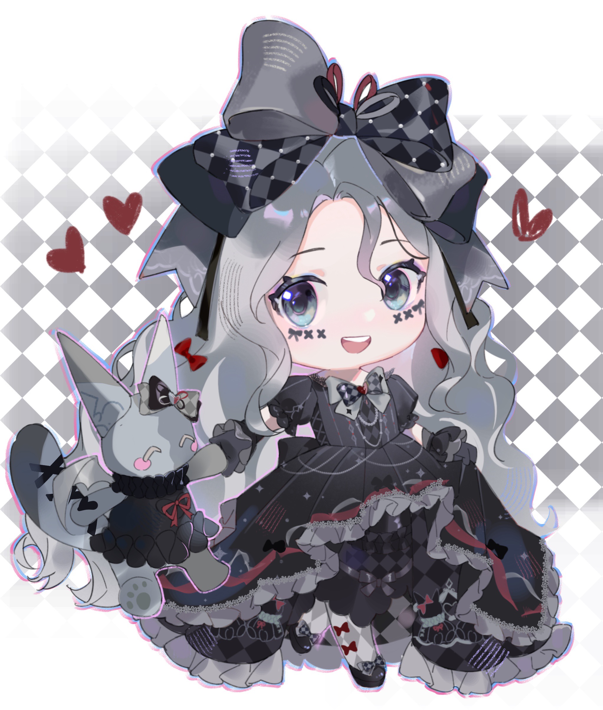crimson rhapsody (infinity nikki), esseling (infinity nikki), felispirit sack (infinity nikki), infinity nikki, nikki (series), absurdres, highres, 1girl, argyle background, argyle bow, argyle clothes, argyle dress, black background, black bow, black bowtie, black dress, black hair, black ribbon, black shoes, black wrist cuffs, blue eyes, border, bow, bow legwear, bowtie, chibi, dress, eyelashes, facepaint, footwear bow, frilled dress, frilled wrist cuffs, frills, gown, grey bow, grey pantyhose, grey ribbon, hair between eyes, hair bow, hair ribbon, happy, heart, hime lolita, holding hands, large bow, light blush, lolita fashion, long hair, looking at creature, multicolored ribbon, multiple hair bows, official alternate color, open mouth, outside border, pantyhose, puffy short sleeves, puffy sleeves, red bow, red ribbon, ribbon, shoes, short sleeves, skirt hold, smile, solo, teeth, two-tone background, two-tone bow, two-tone bowtie, upper teeth only, very long hair, wavy hair, white background, white border, white pantyhose, wrist cuffs, yutoutoutoutoutou