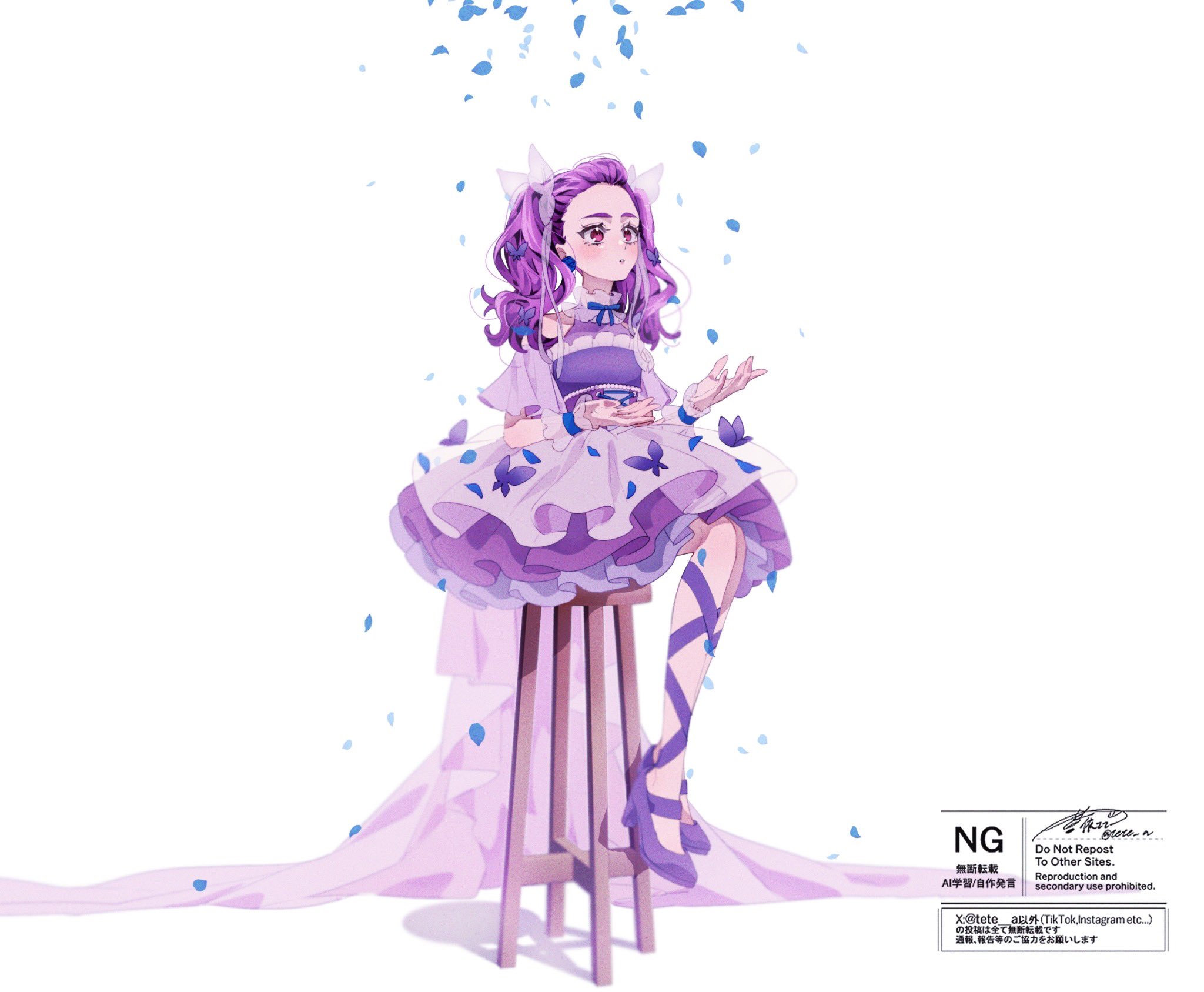 aoi tete, mimino kurumi, precure, yes! precure 5, yes! precure 5 gogo!, highres, 1girl, blue petals, blush, bow, butterfly hair ornament, detached sleeves, dress, earrings, falling petals, flower earrings, frilled wrist cuffs, frills, hair ornament, huge bow, jewelry, lace-up heels, layered dress, looking up, mimino kurumi (lafary), petals, pink eyes, purple dress, purple hair, purple shoes, rose petals, shoes, sitting, solo, solo focus, thick eyebrows, twintails, wavy hair, white background, wrist cuffs