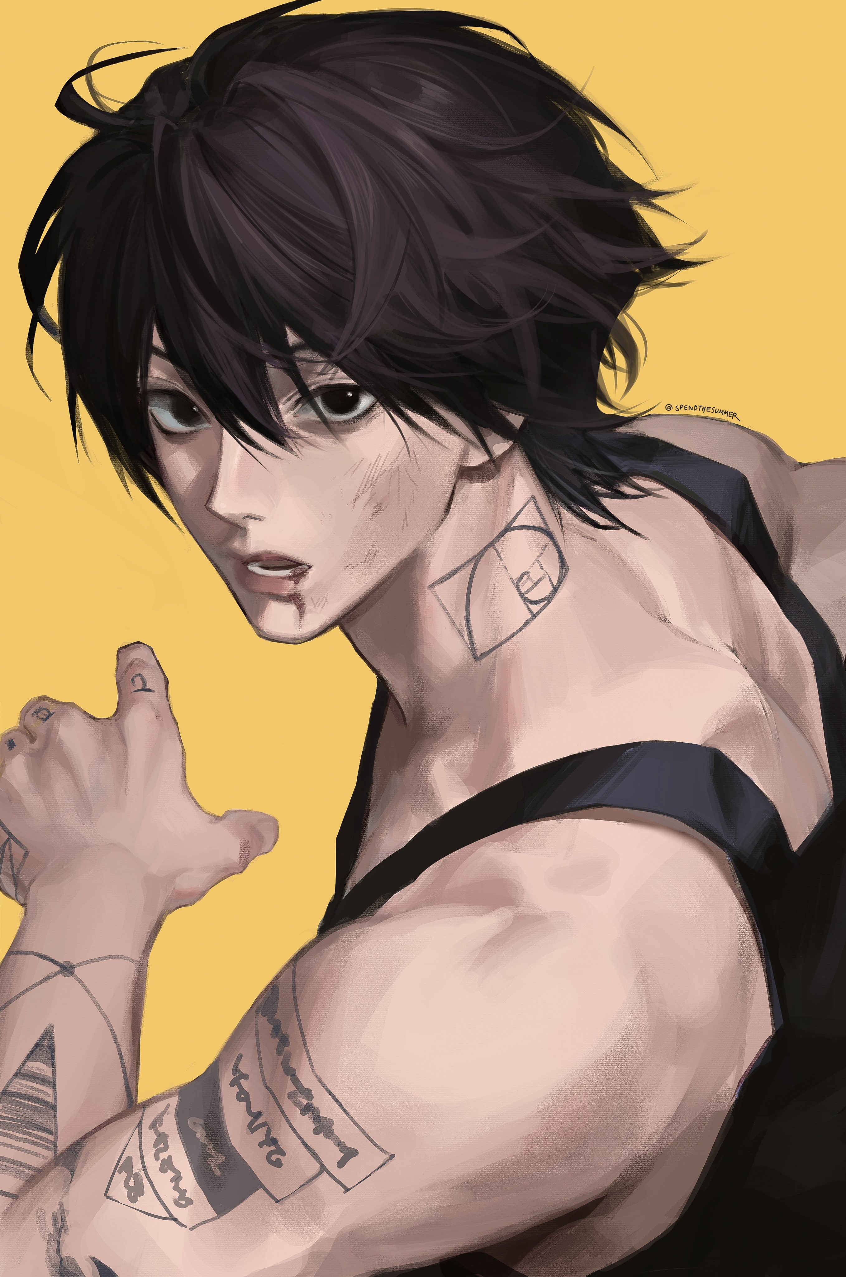 spendthesummer, nagumo (sakamoto days), sakamoto days, absurdres, hashtag-only commentary, highres, 1boy, arm tattoo, black eyes, black hair, black tank top, blood, blood in mouth, fibonacci sequence, finger tattoo, lips, looking at viewer, lower teeth only, male focus, neck tattoo, orange background, short hair, simple background, solo, tank top, tattoo, teeth, toned, toned male, twitter username, upper body