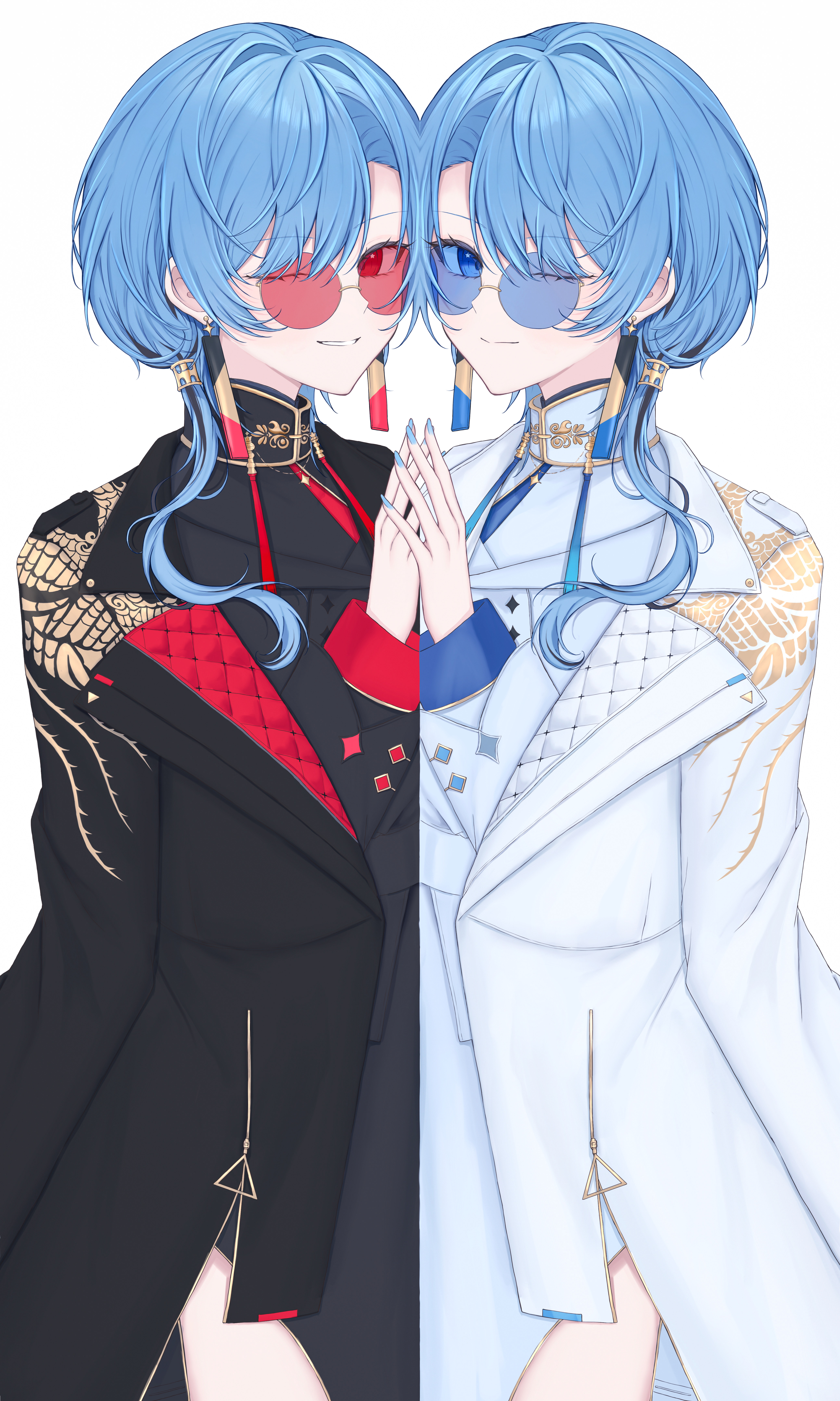 nolc, hoshimachi suisei, hoshimachi suisei (oriental suit), hololive, absurdres, commentary, highres, 2girls, asymmetrical docking, black coat, black shirt, blue-tinted eyewear, blue eyes, blue hair, blue nails, breast press, coat, coat on shoulders, cowboy shot, dual persona, earrings, hanafuda earrings, jewelry, multiple girls, nail polish, official alternate eye color, one eye closed, print coat, red-tinted eyewear, red eyes, shirt, simple background, star (symbol), star in eye, sunglasses, symbol in eye, tinted eyewear, virtual youtuber, white background, white coat, white shirt