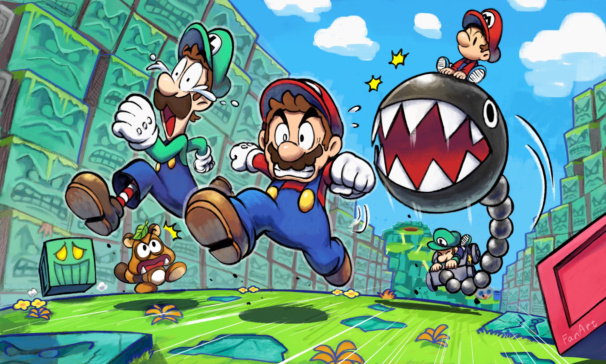 yamari (ya mari 6363), baby luigi, baby mario, chain chomp, goomba, luigi, mario, mario & luigi: partners in time, mario & luigi rpg, mario (series), nintendo, highres, 4boys, baby, blue overalls, brown hair, brown shoes, buttons, closed eyes, cloud, creature, crying, crying with eyes open, full body, gloves, hat, male focus, monster, multiple boys, outdoors, overalls, red hat, running, shoes, short hair, socks, striped clothes, striped socks, tears, white gloves