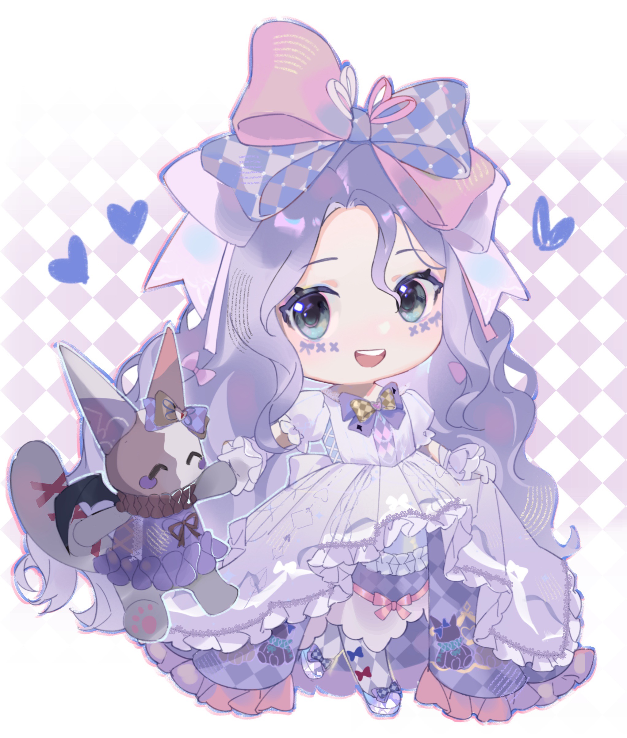 crimson rhapsody (infinity nikki), esseling (infinity nikki), felispirit sack (infinity nikki), infinity nikki, nikki (series), absurdres, highres, 1girl, argyle background, argyle bow, argyle clothes, argyle dress, blue eyes, border, bow, bow legwear, bowtie, chibi, dress, eyelashes, facepaint, footwear bow, frilled dress, frilled wrist cuffs, frills, gloves, gown, hair between eyes, hair bow, hair ribbon, happy, heart, hime lolita, holding hands, large bow, light blush, lolita fashion, long hair, looking at creature, multiple hair bows, official alternate color, open mouth, outside border, pantyhose, pink bow, pink ribbon, puffy short sleeves, puffy sleeves, purple background, purple bow, purple bowtie, purple dress, purple gloves, purple hair, purple pantyhose, purple shoes, purple wrist cuffs, ribbon, shoes, short sleeves, skirt hold, smile, solo, teeth, two-tone background, two-tone bow, two-tone bowtie, two-tone ribbon, upper teeth only, very long hair, wavy hair, white background, white border, white pantyhose, white ribbon, wrist cuffs, yellow bow, yellow bowtie, yutoutoutoutoutou