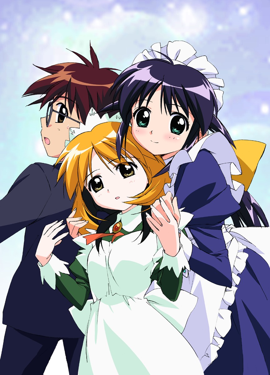 andou mahoro, andou minawa, misato suguru, mahoromatic, highres, blonde hair, blue hair, brown eyes, brown hair, green eyes, maid, yellow eyes