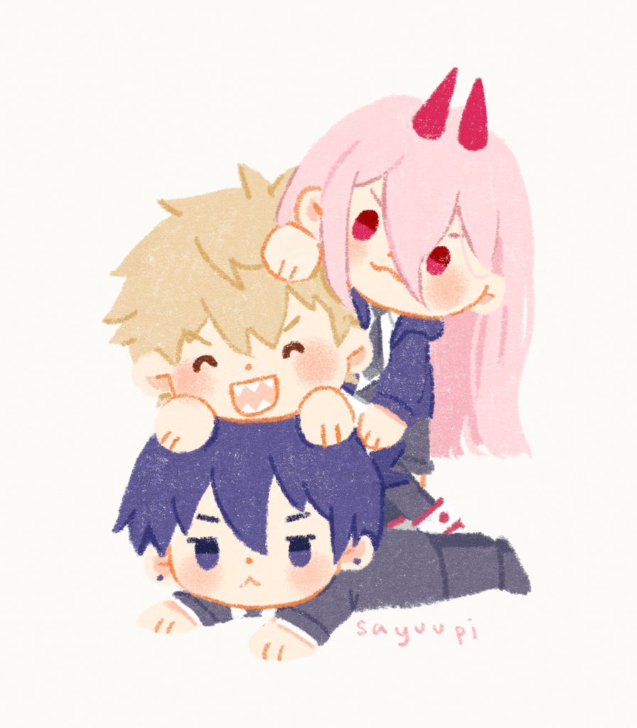 sayuupi, denji (chainsaw man), hayakawa aki, power (chainsaw man), chainsaw man, commentary, english commentary, 1girl, 2boys, alternate hair color, artist name, black hair, black pants, black vest, blonde hair, blue eyes, blue jacket, blush, chibi, closed mouth, demon girl, demon horns, frown, horns, jacket, multiple boys, necktie, open clothes, open jacket, open mouth, pants, red eyes, school uniform, sharp teeth, smile, teeth, vest, white background