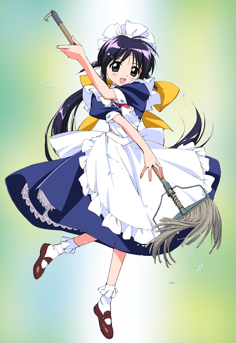 takamura kazuhiro, andou mahoro, mahoromatic, highres, official art, 1girl, blue hair, brown shoes, female focus, full body, green eyes, hair flaps, long hair, maid, mop, open mouth, ponytail, purple hair, shoes, skirt, solo, very long hair