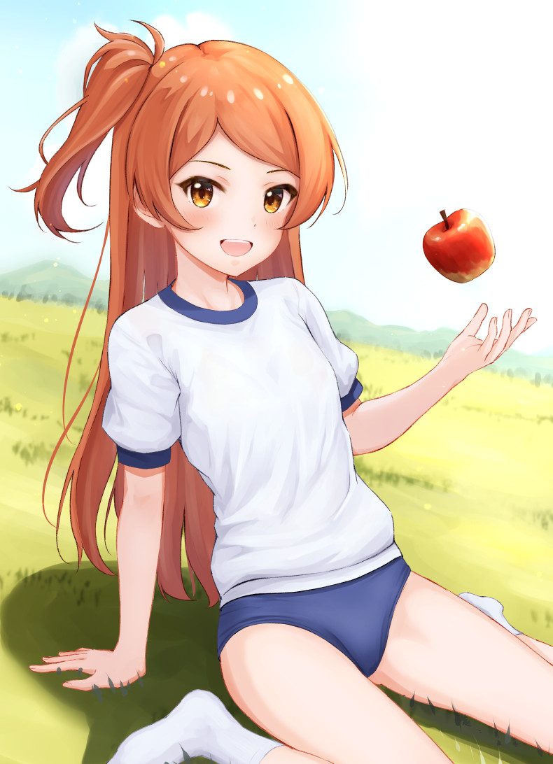 ca paria, ogami sachi, idolmaster, idolmaster million live!, commentary request, 1girl, apple, arm support, blue buruma, blush, buruma, food, fruit, grass, gym shirt, gym uniform, long hair, no shoes, on ground, one side up, orange hair, outdoors, shirt, short sleeves, sitting, smile, socks, solo, teeth, upper teeth only, very long hair, wariza, white shirt, white socks