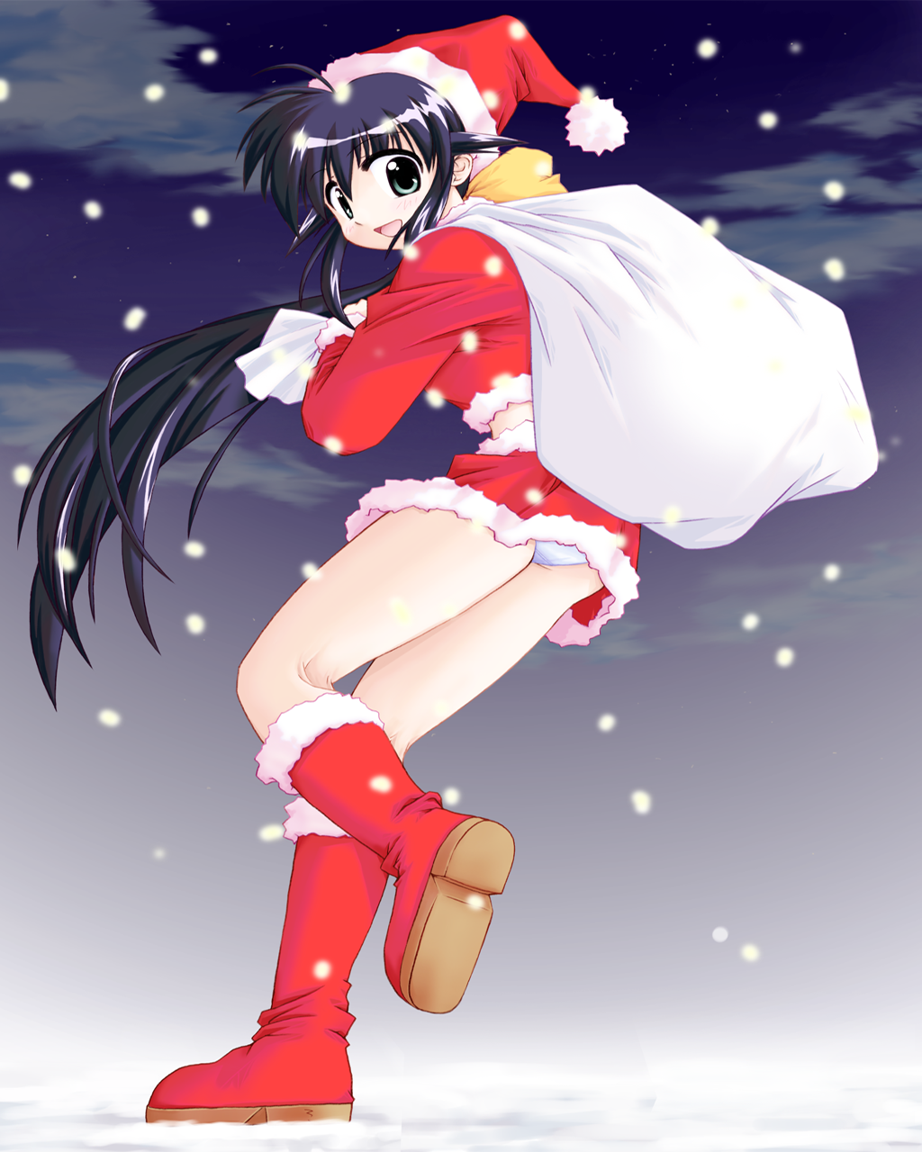 andou mahoro, mahoromatic, highres, blue hair, christmas, green eyes, panties, pantyshot, santa costume, snow, solo, underwear