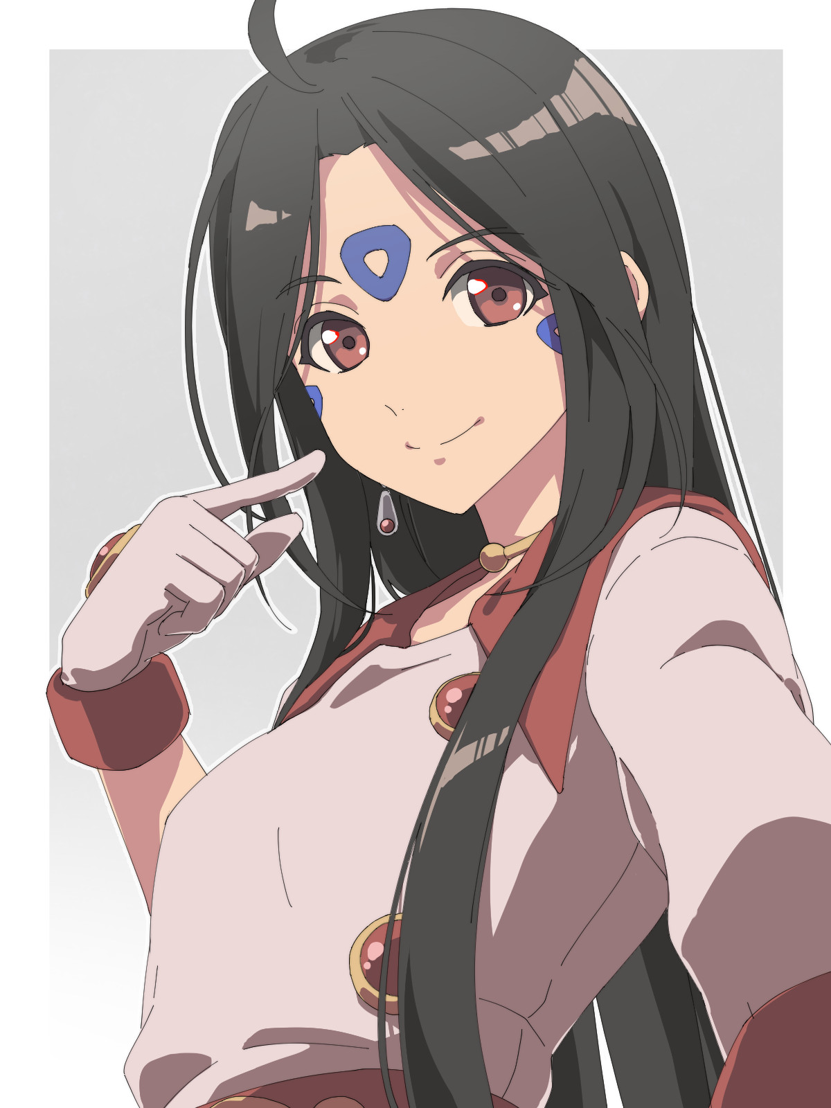 chiharu (9654784), skuld (aa megami-sama), aa megami-sama, highres, 1girl, ahoge, black hair, breasts, brown eyes, earrings, facial mark, forehead mark, gloves, grey background, jewelry, long hair, long sidelocks, looking at viewer, parted bangs, portrait, sidelocks, simple background, small breasts, smile, solo, two-tone background, upper body, white background, white gloves