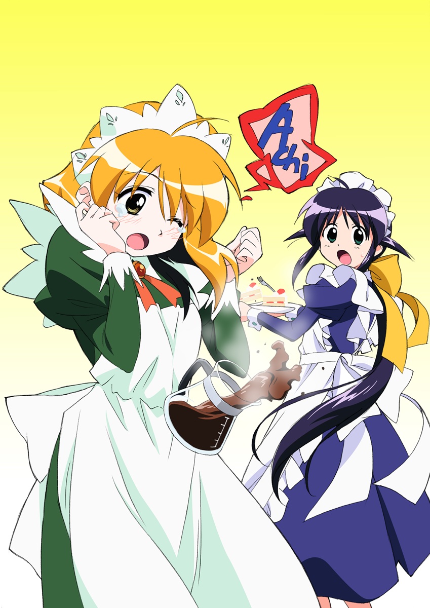 andou mahoro, andou minawa, mahoromatic, highres, blonde hair, blue hair, green eyes, maid, yellow eyes