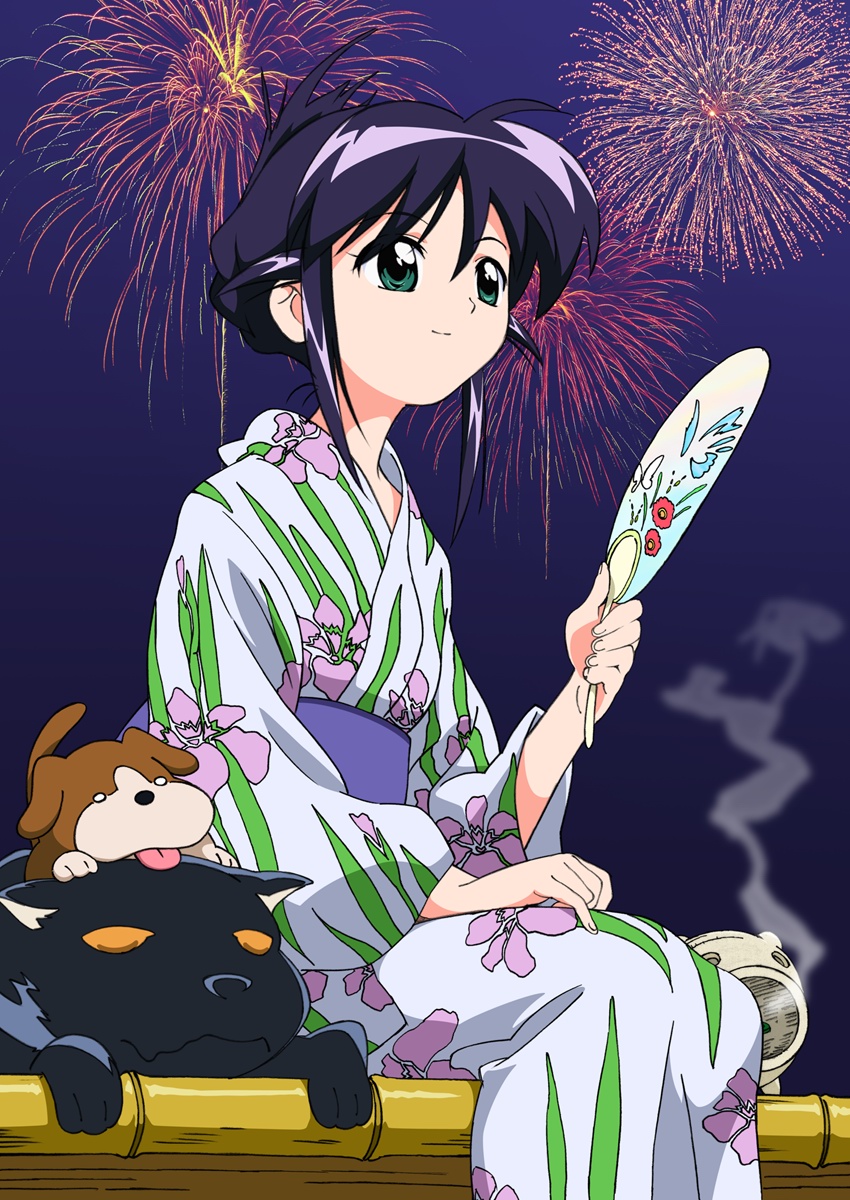 andou mahoro, mahoromatic, highres, blue hair, fireworks, green eyes, japanese clothes, kimono, slashing