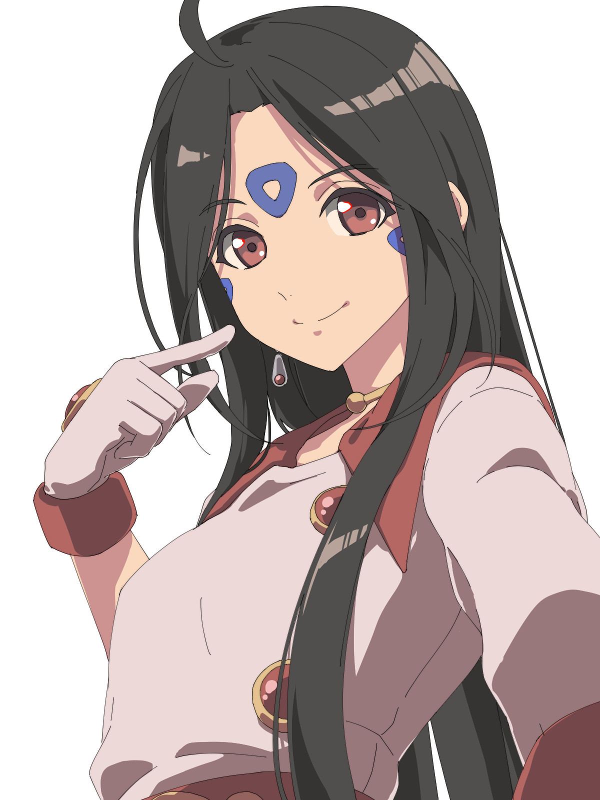 chiharu (9654784), skuld (aa megami-sama), aa megami-sama, highres, 1girl, ahoge, black hair, breasts, brown eyes, earrings, facial mark, forehead mark, gloves, jewelry, long hair, long sidelocks, looking at viewer, parted bangs, portrait, sidelocks, simple background, small breasts, smile, solo, upper body, white background, white gloves