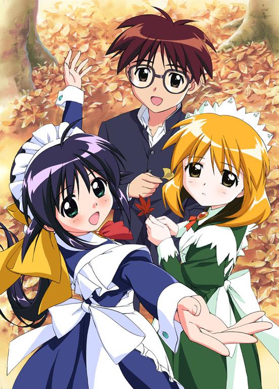andou mahoro, andou minawa, misato suguru, mahoromatic, blonde hair, blue hair, brown hair, glasses, green eyes, maid, yellow eyes