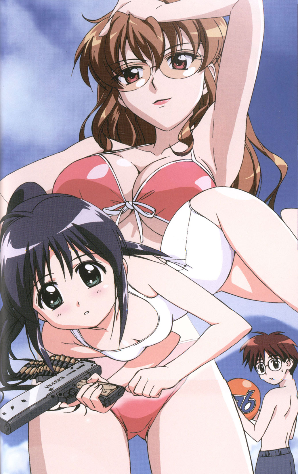 andou mahoro, misato suguru, shikijou saori, mahoromatic, highres, blue hair, brown eyes, brown hair, glasses, green eyes, gun, swimsuit, weapon