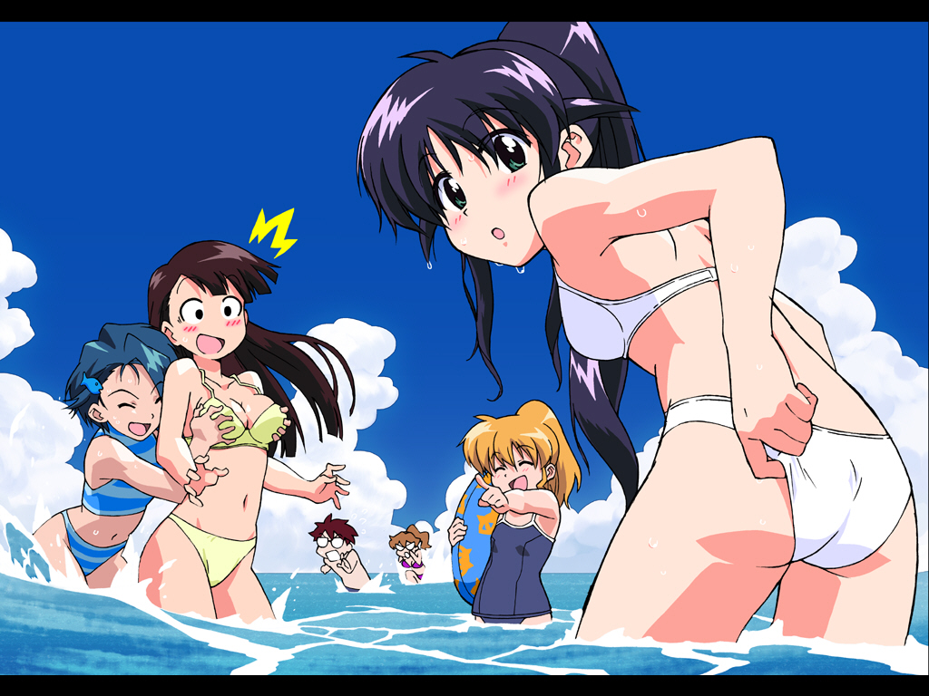 andou mahoro, misato suguru, ooe chizuko, sakura miyuki, shikijou saori, todoriki rin, mahoromatic, non-web source, 4girls, adjusting clothes, adjusting swimsuit, aqua eyes, ass, bikini, blonde hair, blue hair, breasts, brown hair, closed eyes, cloud, day, glasses, grabbing another's breast, green eyes, groping, long hair, looking back, multiple girls, one-piece swimsuit, open mouth, outdoors, school swimsuit, sky, small breasts, striped bikini, striped clothes, swimsuit, water, wet
