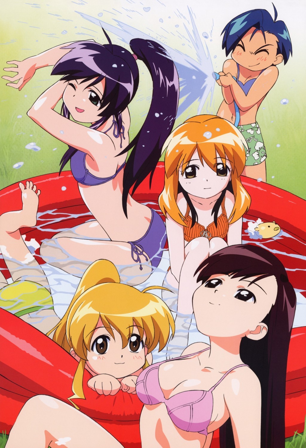 matsubayashi tadahito, andou mahoro, andou minawa, ooe chizuko, sakura miyuki, todoriki rin, mahoromatic, highres, 5girls, bikini, blonde hair, blue hair, breasts, brown eyes, brown hair, closed eyes, green eyes, long hair, multiple girls, one eye closed, orange hair, ponytail, short hair, small breasts, swimsuit, wink, yellow eyes