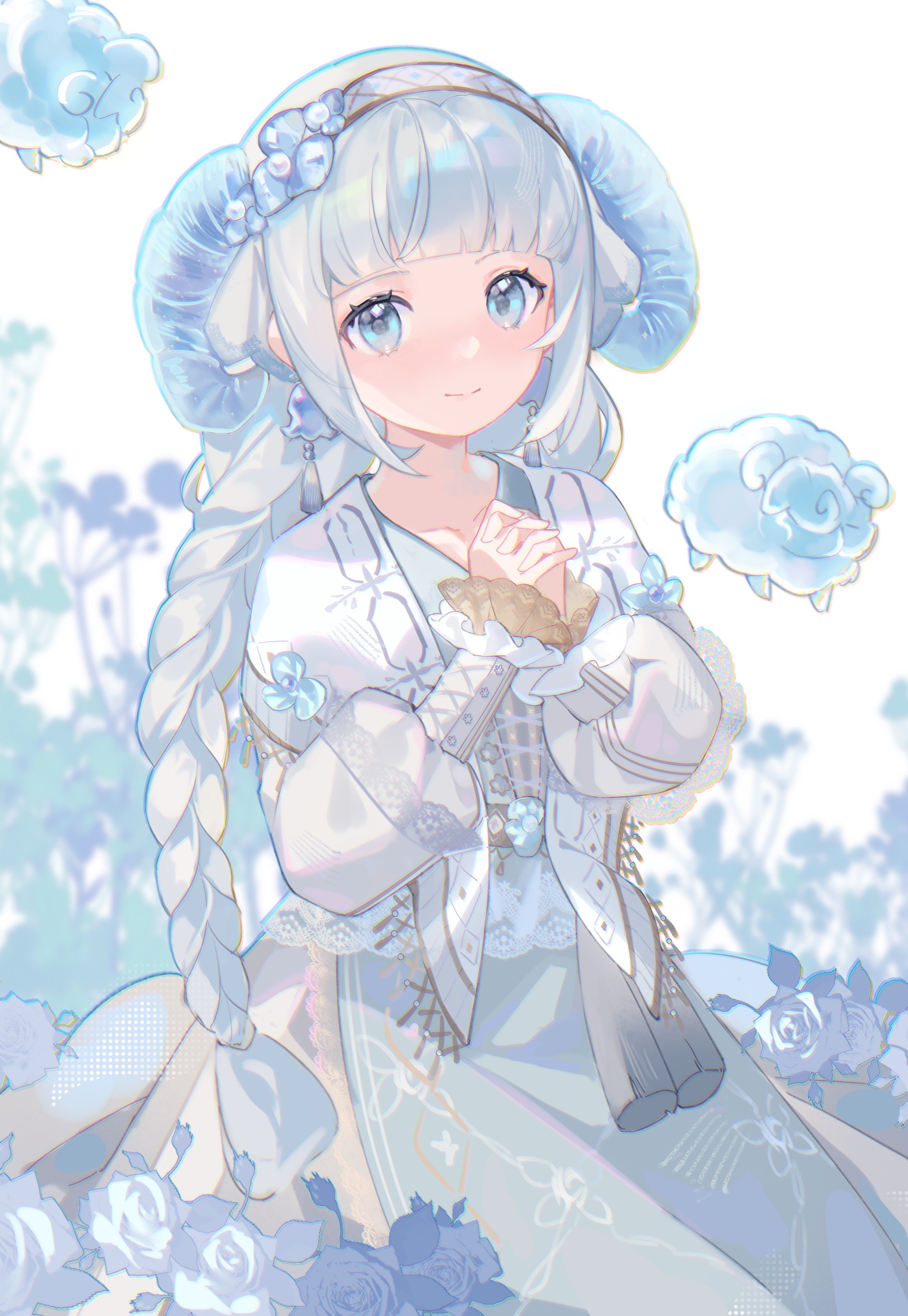 pastoral dance (infinity nikki), infinity nikki, nikki (series), absurdres, highres, 1girl, apron, blue apron, blue eyes, blue flower, blue horns, blue rose, bluebell (flower), blunt bangs, blunt ends, braid, closed mouth, collarbone, country lolita, cowboy shot, cross-laced hairband, curled horns, dress, earrings, eyelashes, floral background, flower, flower earrings, frilled sleeves, frills, fringe trim, goat horns, grey dress, grey hair, hairband, happy, horns, interlocked fingers, jewelry, lolita fashion, lolita hairband, long hair, long sleeves, looking at viewer, low twin braids, official alternate color, own hands clasped, own hands together, puffy long sleeves, puffy sleeves, rose, shawl, sheep, sitting, sleeves past wrists, smile, solo, twin braids, very long hair, white background, white hairband, white shawl, yutoutoutoutoutou