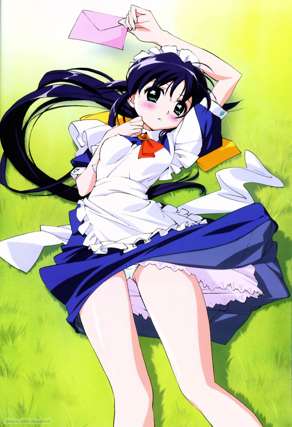 andou mahoro, mahoromatic, highres, blue hair, blush, green eyes, maid, panties, underwear