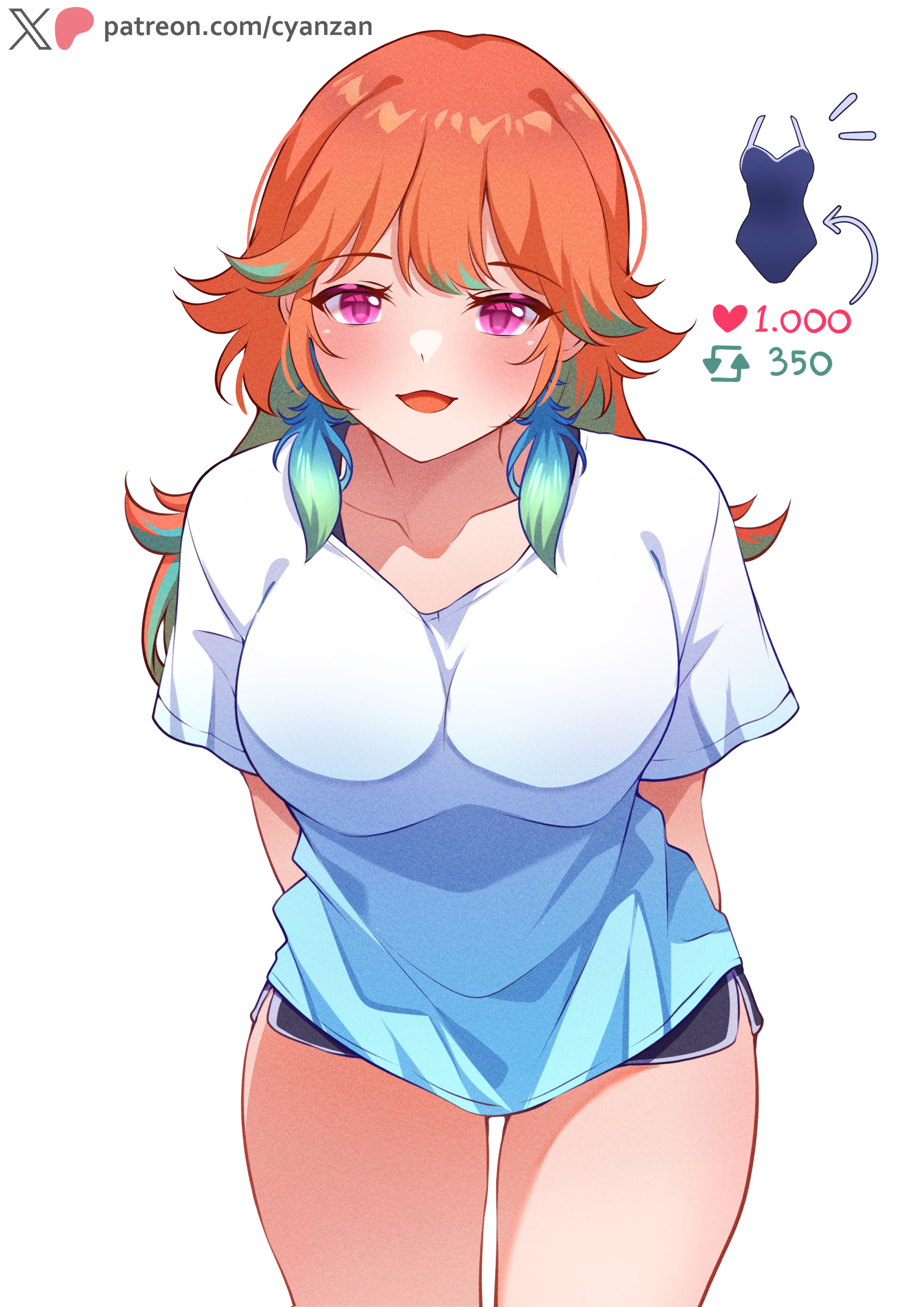 cyanzan, takanashi kiara, hololive, hololive english, absurdres, commentary request, highres, 1girl, :d, alternate costume, arms behind back, black shorts, breasts, colored inner hair, cowboy shot, dolphin shorts, feathers, gradient hair, green feathers, green hair, large breasts, like and retweet, long hair, looking at viewer, multicolored hair, open mouth, orange hair, purple eyes, shirt, short shorts, short sleeves, shorts, simple background, smile, solo, t-shirt, thighs, virtual youtuber, white background, white shirt