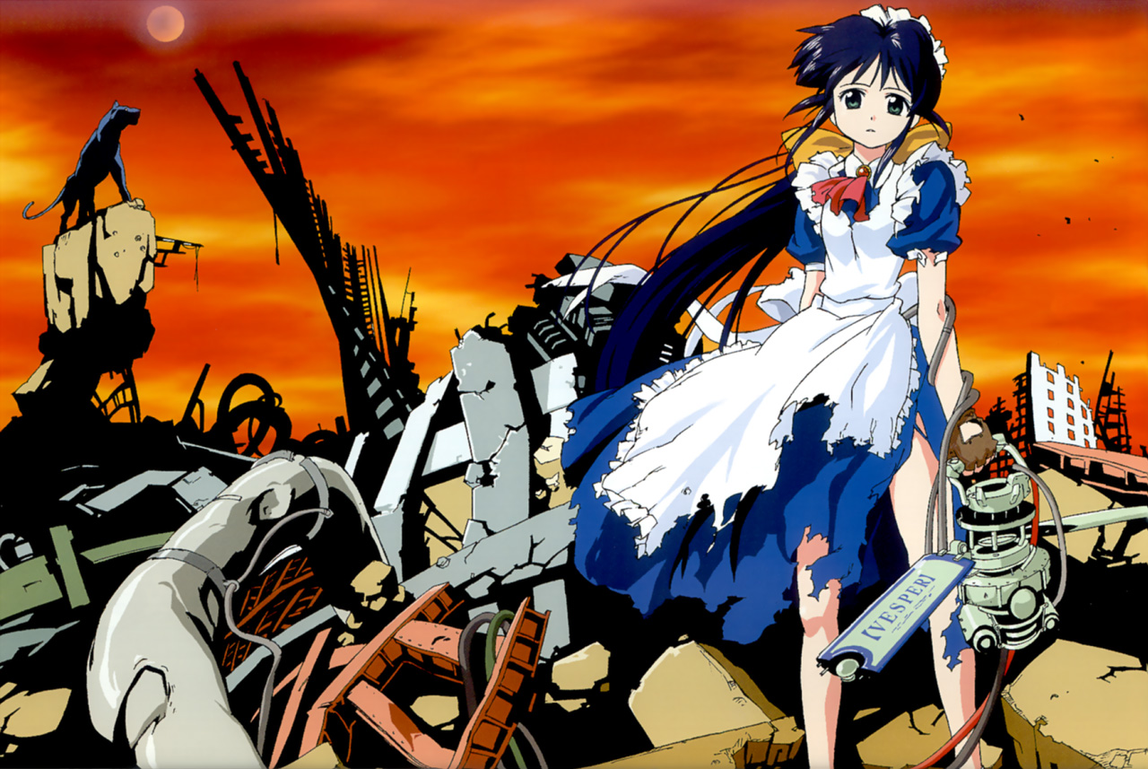 andou mahoro, mahoromatic, blue hair, green eyes, maid, slashing