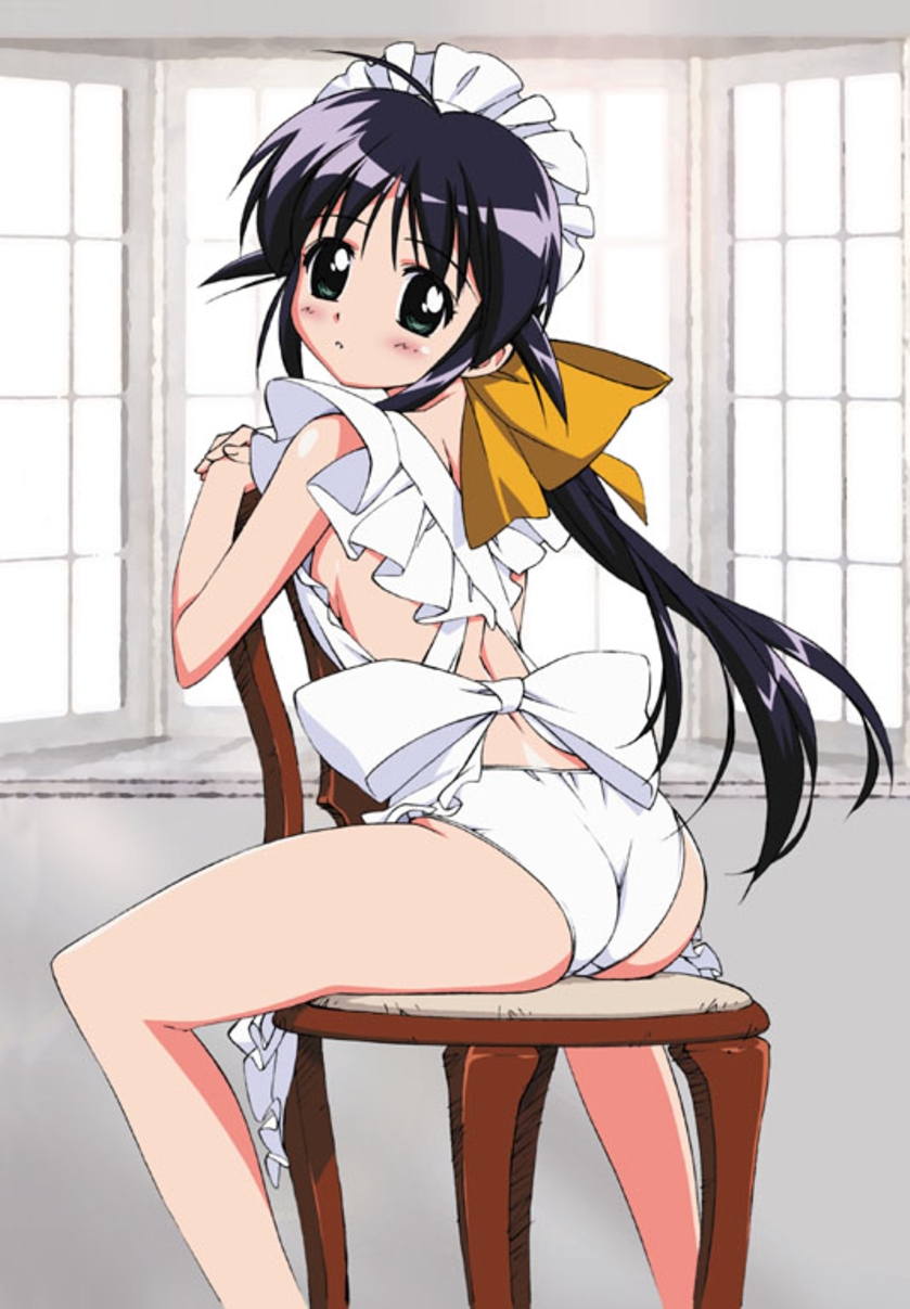 takamura kazuhiro, andou mahoro, mahoromatic, highres, jpeg artifacts, 1girl, ahoge, apron, ass, blue hair, breasts, female focus, green eyes, maid, maid apron, nearly naked apron, panties, sideboob, sitting, small breasts, solo, underwear, white panties