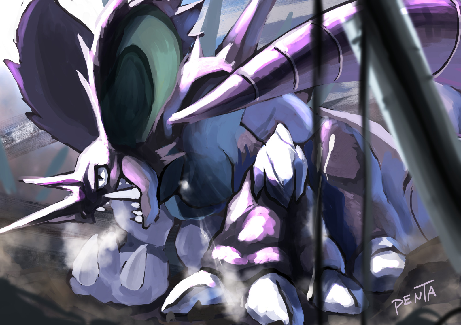 penta oekaki, nidoking, nintendo, pokemon, commentary request, highres, artist name, claws, gen 1 pokemon, hand on ground, no humans, one-hour drawing challenge, open mouth, pokemon (creature), pokemon focus, sharp teeth, solo, teeth