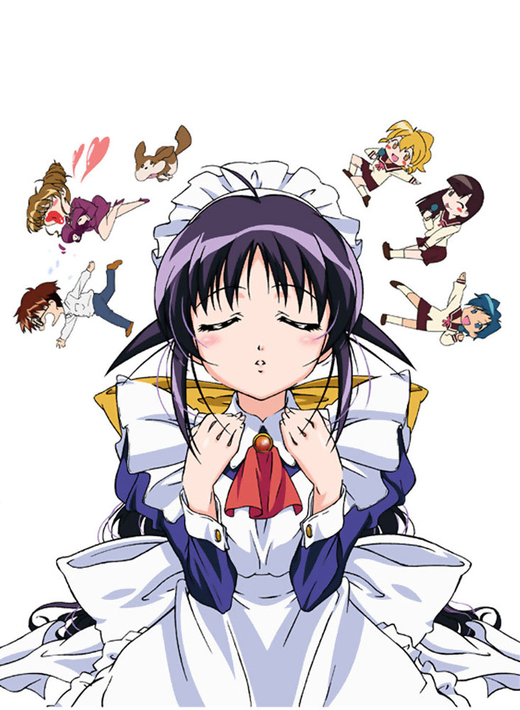 andou mahoro, mahoromatic, blonde hair, blue eyes, blue hair, brown eyes, green eyes, maid