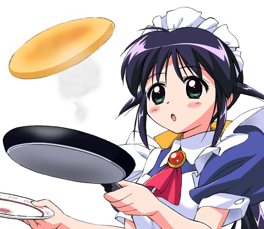 andou mahoro, mahoromatic, 1girl, blue hair, food, frying pan, green eyes, maid, open mouth, pancake, plate