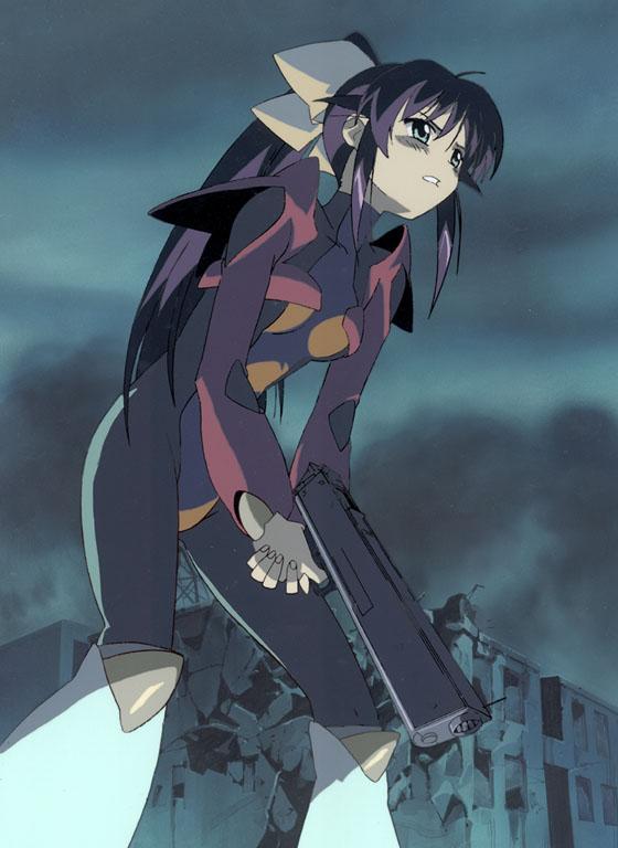andou mahoro, mahoromatic, blue hair, green eyes, gun, weapon
