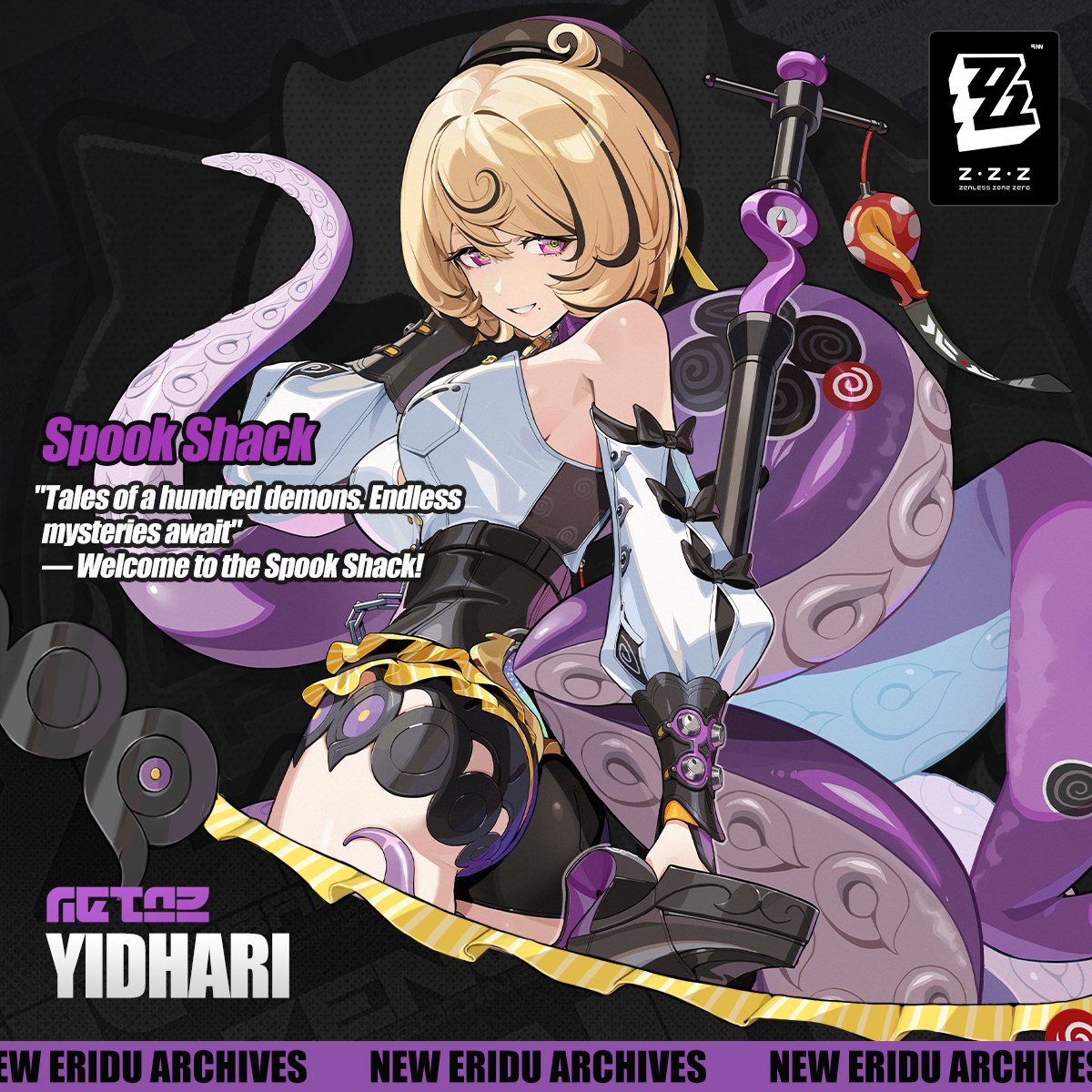 yidhari (zenless zone zero), zenless zone zero, commentary, english commentary, highres, official art, 1girl, ass, asymmetrical shorts, bare shoulders, beret, black background, black hat, bow, breasts, dark background, detached sleeves, frills, gloves, hat, high-waist shorts, looking at viewer, looking back, medium breasts, monster girl, multicolored eyes, scylla, shorts, sideboob, solo, tentacles