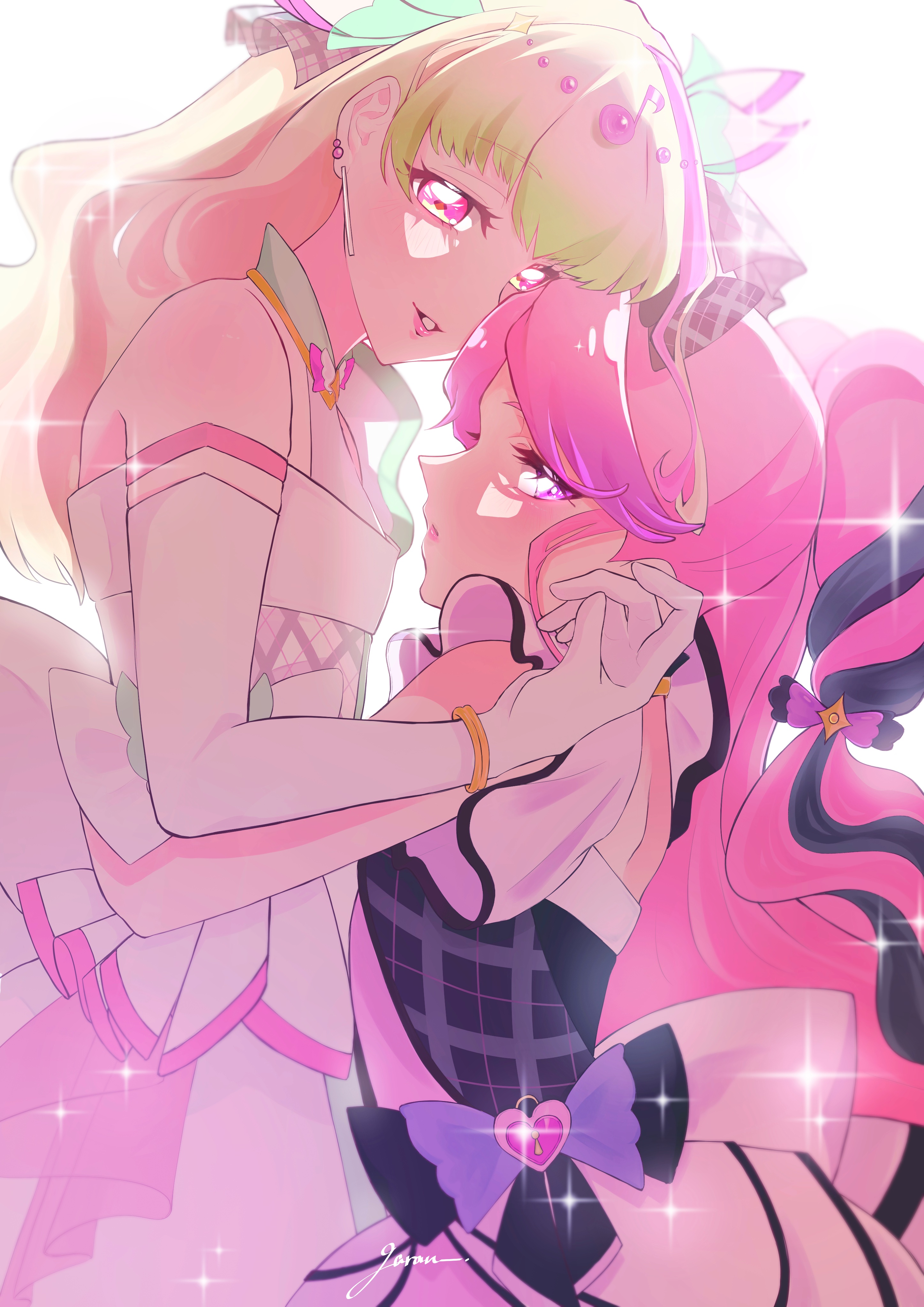 cure kiss, cure zukyuun, meroron (precure), purirun (precure), kimi to idol precure, precure, absurdres, highres, 2girls, akurugigara001, artist name, bare back, bare shoulders, black gloves, black hair, blonde hair, blunt bangs, braid, bubble skirt, choker, dress, earrings, elbow gloves, fortissimo, frilled dress, frilled sleeves, frills, gingham, gingham dress, gloves, gradient hair, green hair, hair extensions, hair ornament, hair ribbon, hair tie, hair wings, half gloves, hand on another's ear, hands on another's waist, heart-shaped lock, hug, idol, jewelry, lipstick, long hair, makeup, mature female, meroron (civilian) (precure), multicolored hair, multiple earrings, multiple girls, musical note, musical note hair ornament, open mouth, parted bangs, pearl earrings, pink eyes, pink hair, pink lips, puffy dress, puffy sleeves, purirun (civilian) (precure), purple dress, purple eyes, ribbon, ribbon choker, sideways, sideways face, sideways glance, single sleeve cuff, skirt, twin braids, twintails, twitter username, upper body, very long hair, wavy hair, white dress, white gloves, wing hair ornament, wrist cuffs