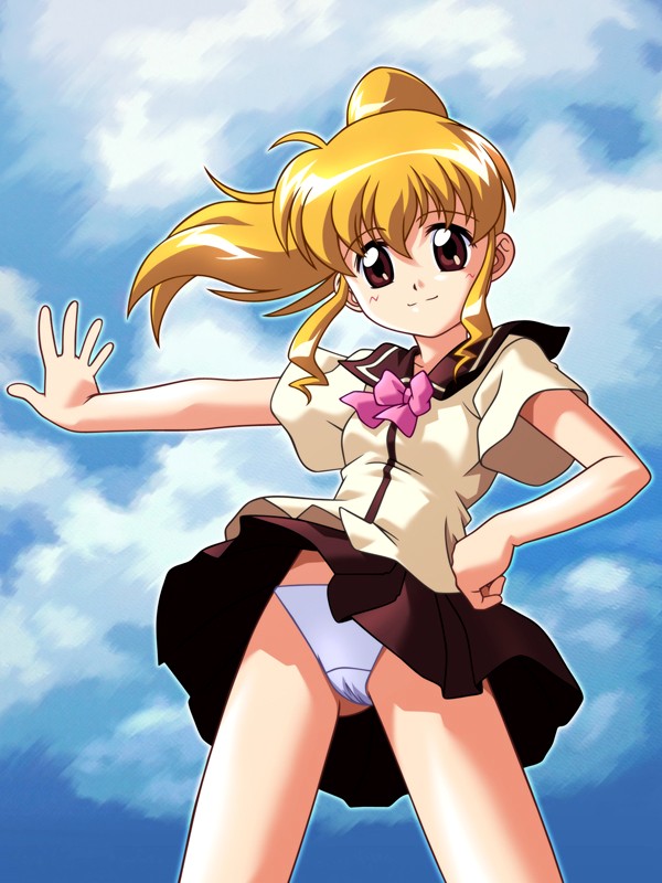 d-ten, ooe chizuko, mahoromatic, 1girl, blonde hair, brown eyes, female focus, panties, ponytail, school uniform, serafuku, solo, underwear