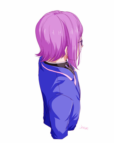 xiacheng tatsuya, eiyuu densetsu, kuro no kiseki (series), kuro no kiseki i, 1boy, artist name, cao lee (eiyuu densetsu), coat, glasses, purple hair, short hair, sidelocks, simple background, solo, upper body, white background