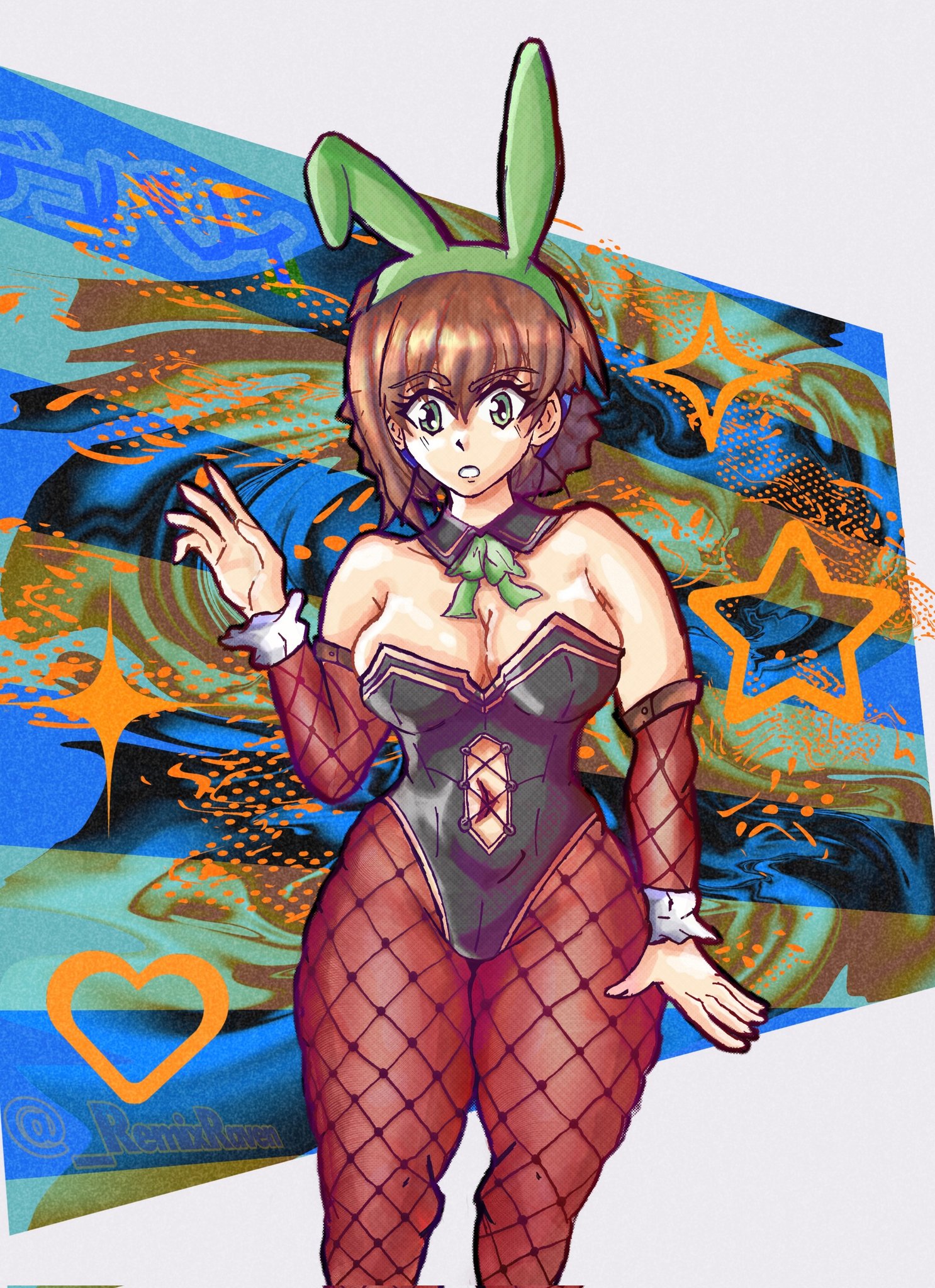 duvalie, eiyuu densetsu, hajimari no kiseki, commentary, english commentary, highres, 1girl, animal ear hairband, animal ears, bare shoulders, black leotard, bow, bowtie, brown hair, bunny day, clothing cutout, detached collar, detached sleeves, double-parted bangs, fake animal ears, fishnet pantyhose, fishnets, green bow, green eyes, hair between eyes, hair bun, hairband, highleg, highleg leotard, leotard, navel, navel cutout, pantyhose, playboy bunny, rabbit ear hairband, rabbit ears, remixraven, short hair, solo, strapless, strapless leotard, traditional bowtie
