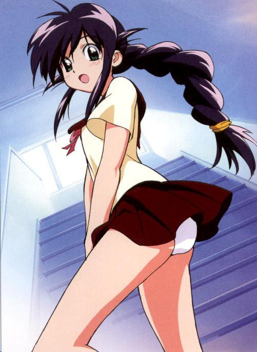 andou mahoro, mahoromatic, blue hair, green eyes, panties, school uniform, serafuku, underwear