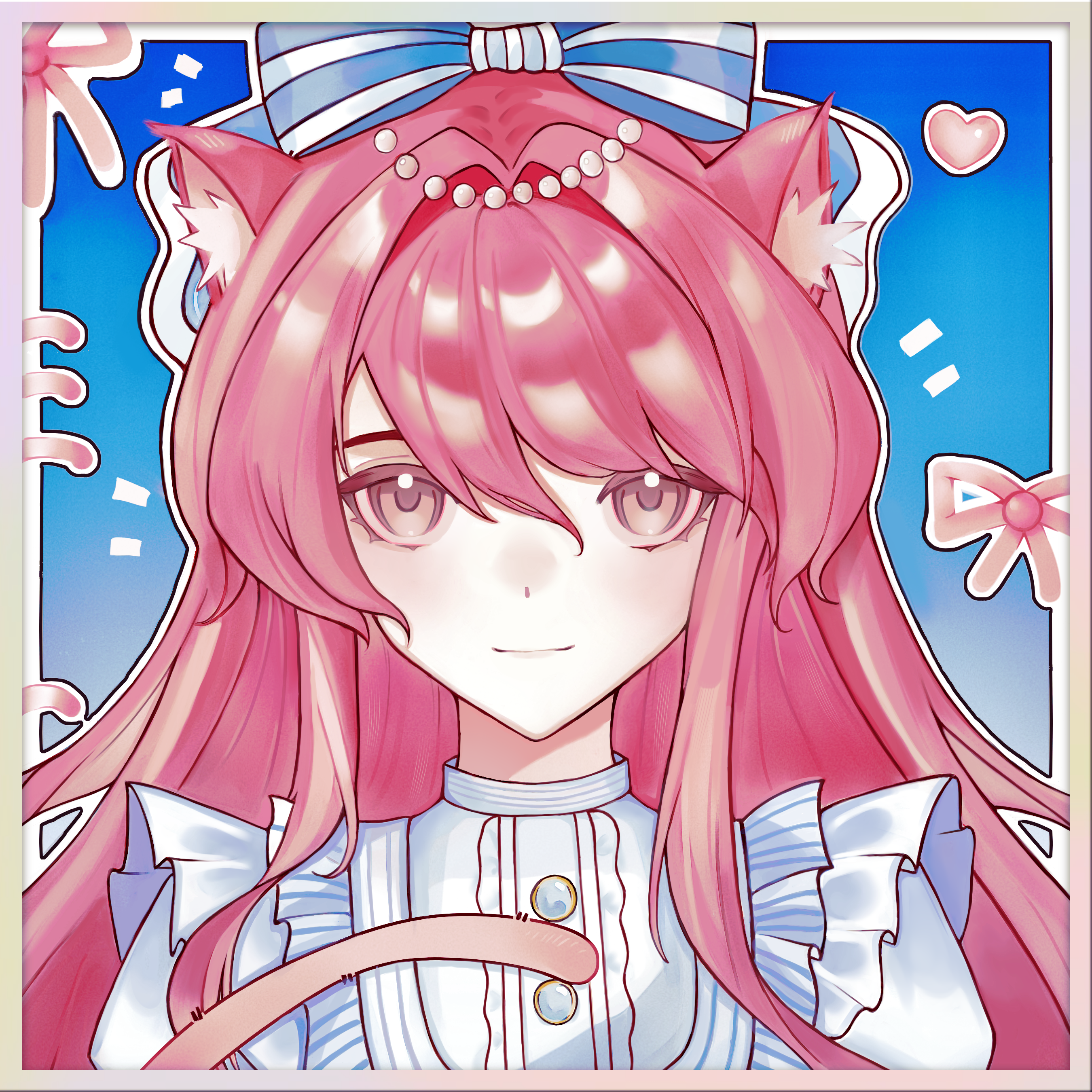 infinity nikki, nikki (series), absurdres, highres, 1girl, animal ear fluff, animal ears, beads, blue bow, border, bow, brown eyes, buttons, cat ears, closed mouth, eyelashes, frilled shirt, frills, grey border, gusangyin, hair beads, hair between eyes, hair bow, hair intakes, hair ornament, happy, heart, lips, long sidelocks, notice lines, outline, outside border, puffy short sleeves, puffy sleeves, shirt, short sleeves, sidelocks, smile, solo, straight-on, stylist (nikki), two-tone bow, upper body, wavy hair, white bow, white outline, white shirt