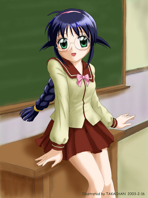andou mahoro, mahoromatic, blue hair, glasses, green eyes, school uniform, serafuku