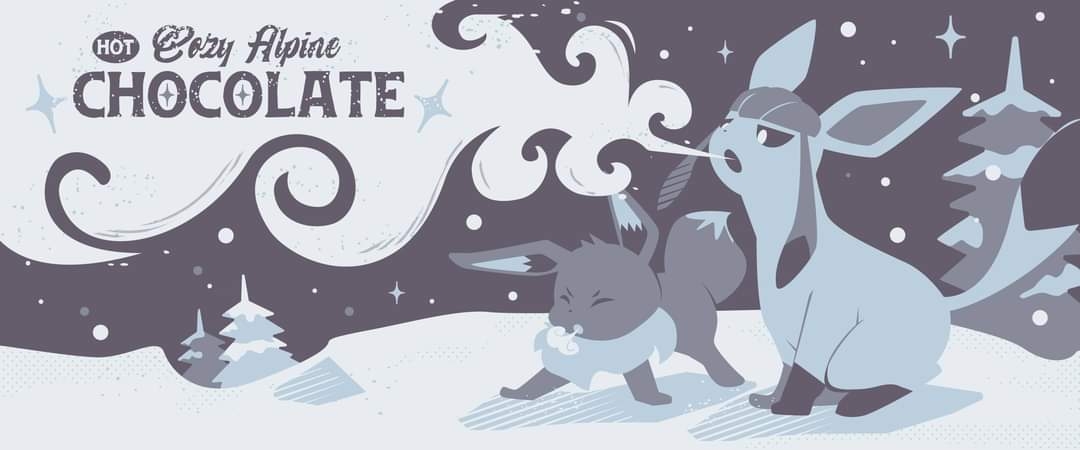 ko-yuki-chan, eevee, glaceon, nintendo, pokemon, commentary request, animal focus, breath weapon, bright pupils, closed eyes, food name, full body, gen 1 pokemon, gen 4 pokemon, grey theme, hot chocolate, no humans, open mouth, pokemon (creature), sitting, snow, white pupils, winter