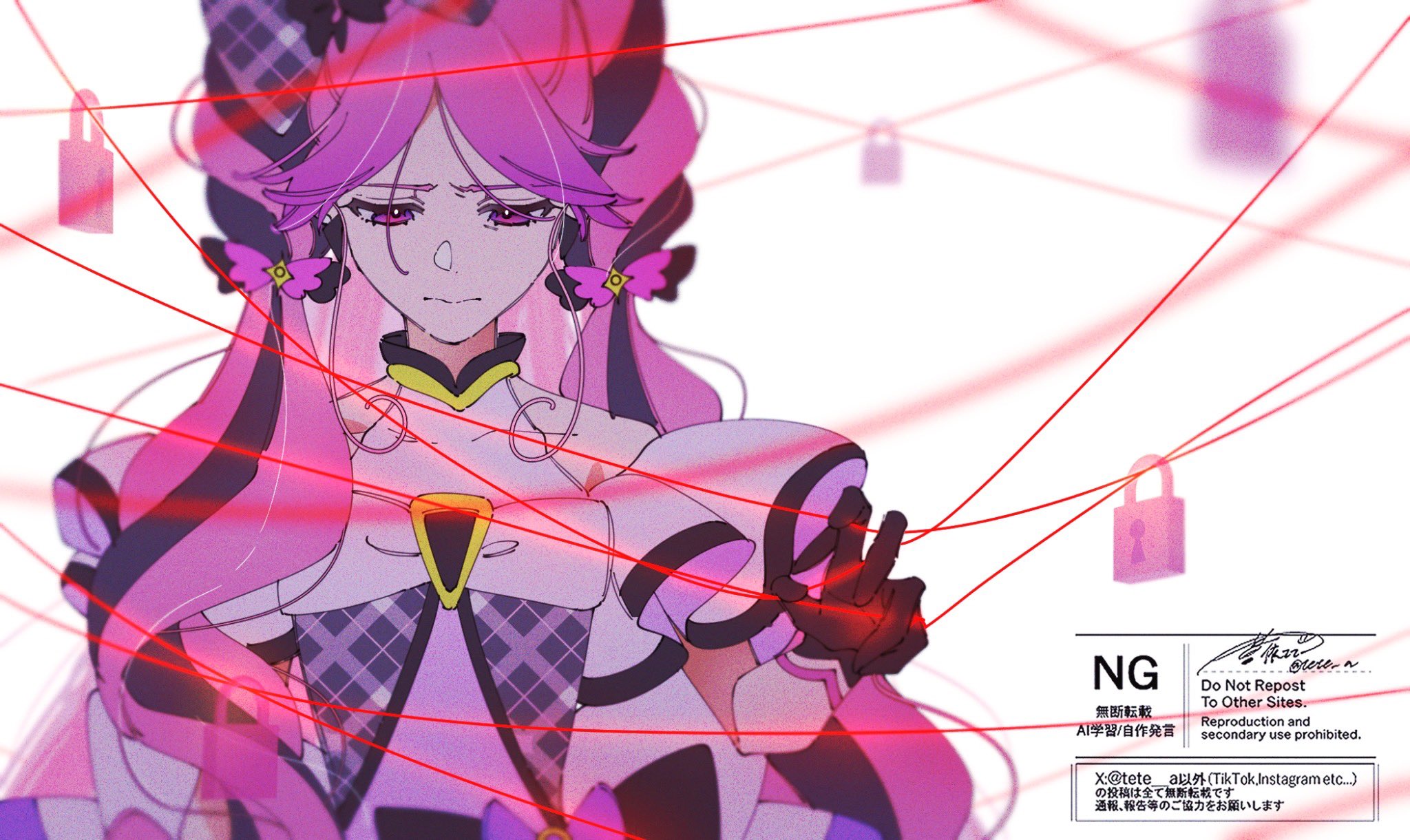 aoi tete, kimi to idol precure, precure, highres, 1girl, artist name, bare arms, bare shoulders, black choker, black gloves, black hair, blurry, blurry background, braid, choker, closed mouth, collarbone, depth of field, diamond (shape), diamond brooch, dress, frills, gingham, gingham dress, gloves, gradient hair, hair ribbon, hair tie, half gloves, lock, long hair, looking down, multicolored hair, neon lights, parted bangs, pink hair, puffy dress, puffy sleeves, ribbon, sad, signature, solo, solo focus, string, string of fate, twin braids, twintails, twitter username, very long hair, watermark