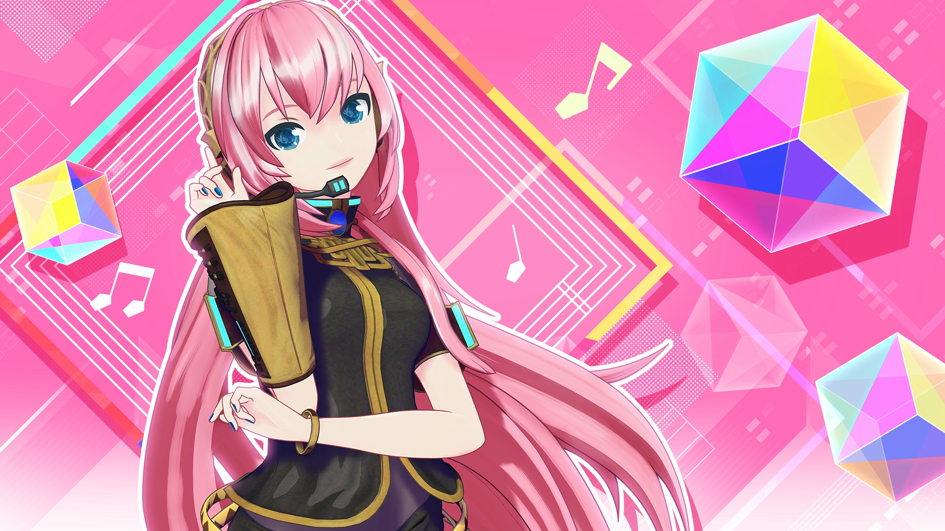 megurine luka, project diva (series), vocaloid, game cg, highres, non-web source, official art, 1girl, 3d, armband, belt, black jacket, blue eyes, blue nails, hand on own elbow, headphones, jacket, long hair, looking at viewer, musical note, pink background, pink hair, pointing, pointing up, project diva mega39's, simple background, smile, solo, wristband