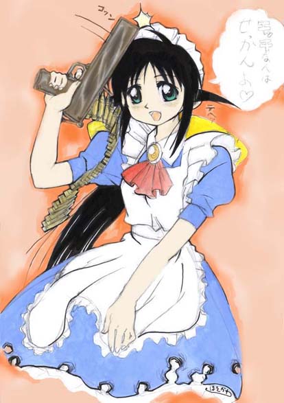 andou mahoro, mahoromatic, blue hair, green eyes, gun, maid, weapon