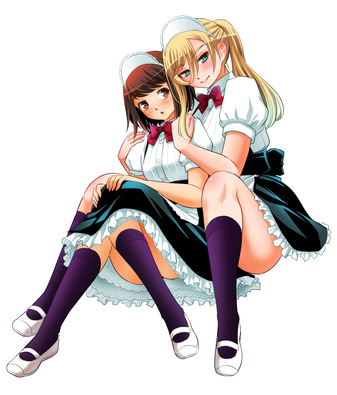 sogabe toshinori, kuzuryuu hanako, saotome hodaka, yankee jk kuzuhana-chan, commentary request, highres, 1boy, 1girl, alternate costume, behind another, black skirt, blonde hair, blush, bow, bowtie, brown eyes, brown hair, closed mouth, convenient leg, crossdressing, crossdressing (mtf), enmaided, frilled skirt, frills, full body, green eyes, hands on another's shoulders, hands on own knees, kneehighs, long hair, looking at viewer, maid, parted lips, ponytail, purple socks, red bow, red bowtie, shirt, shoes, short hair, simple background, sitting, skirt, socks, white background, white shirt, white shoes