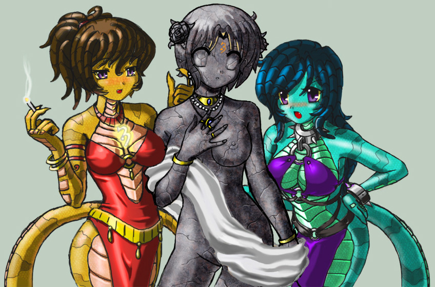 veloxiraptor, variant set, 3girls, blue hair, blush, breasts, brown eyes, brown hair, cigarette, colored nipples, colored sclera, colored skin, cowboy shot, cracked skin, dress, facial tattoo, flower, green skin, grey hair, grey nails, grey nipples, grey sclera, grey skin, groin, hair flower, hair ornament, half-closed eyes, hand on own chest, hand up, high ponytail, impossible clothes, impossible dress, jewelry, lamia, legs apart, long hair, monster girl, multiple girls, necklace, nipples, no irises, no pupils, nude, open mouth, parted bangs, petrification, ponytail, pupiless eyes, purple eyes, short hair, simple background, snake hair, solid eyes, standing, statue, stone skin, swept bangs, tattoo, transformation, v-shaped eyebrows, yellow skin