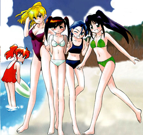 andou mahoro, ooe chizuko, sakura miyuki, shikijou saori, todoriki rin, mahoromatic, 5girls, beach, bikini, blonde hair, blue eyes, blue hair, brown eyes, brown hair, cloud, green eyes, multiple girls, ocean, peace symbol, red hair, sky, swimsuit
