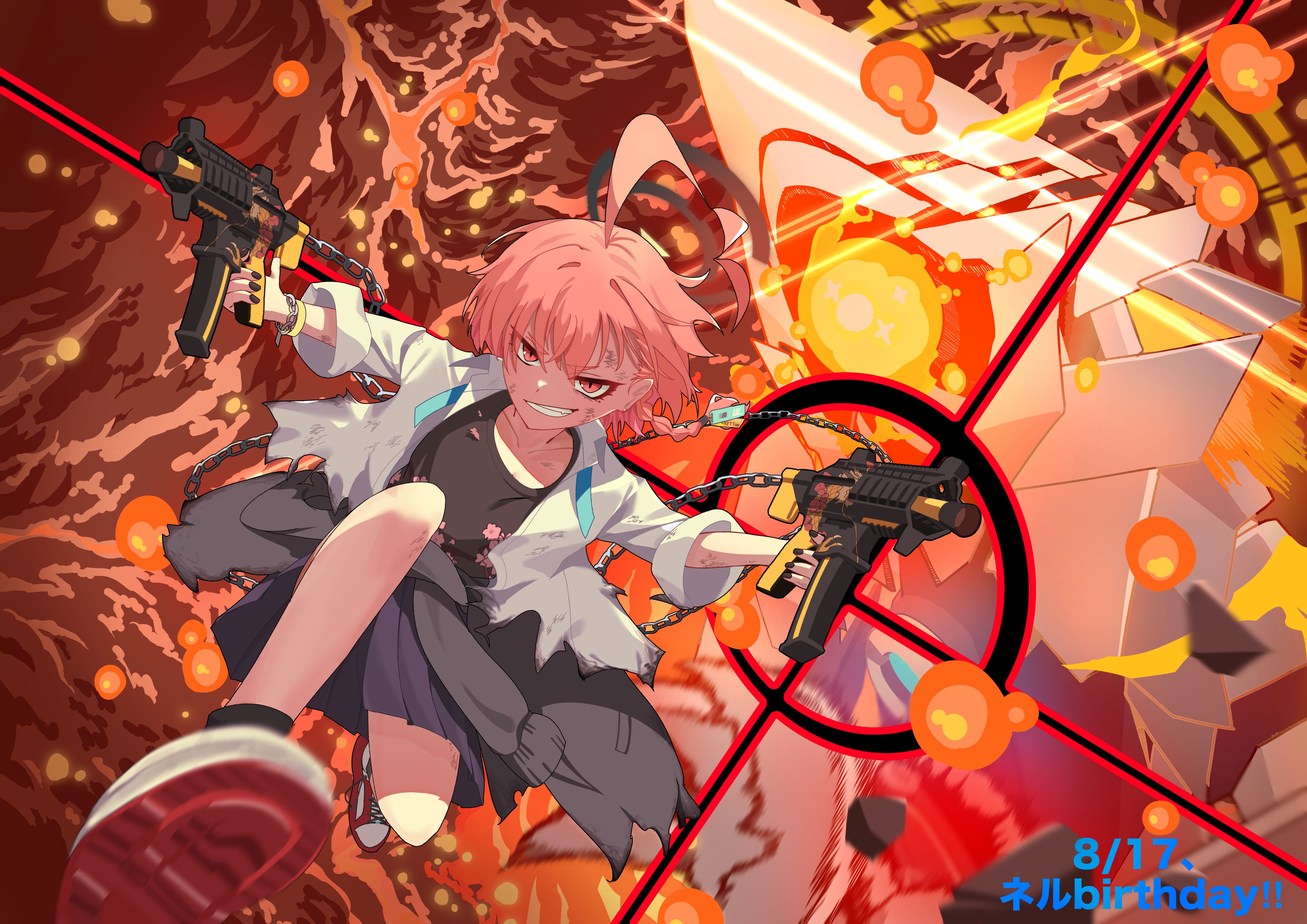 neru (blue archive), neru (school uniform) (blue archive), blue archive, claw, ahoge, battleship, beam cannon, cannon, chain, chokmah (blue archive), clothes around waist, cloud, dark cloud, decagrammaton (blue archive), dual wielding, explosion, gun, halo, holding, id tag, jacket, jacket around waist, jaw, lava, mecha, military vehicle, non-humanoid robot, open clothes, open shirt, penhgm, red eyes, red hair, robot, robot animal, ship, shoes, short hair, skirt, smirk, sneakers, submachine gun, torn clothes, undershirt, warship, watercraft, weapon